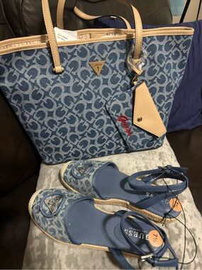 GUESS Blue Denim Logo Tote with Cream Trim and Matching Espadrille Sandals